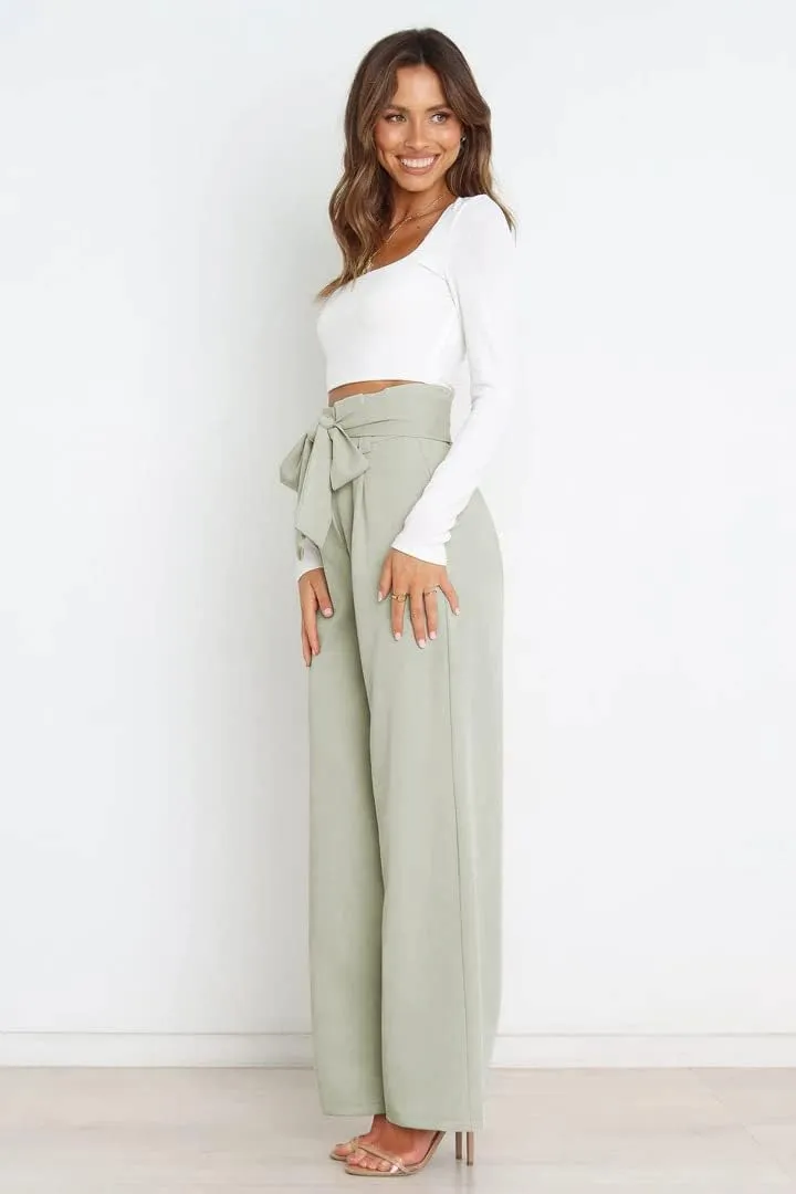 Women's Pants Casual High Waist Straight Wide Leg Pants for Women Adjustable Tie Knot Loose Trousers with Pockets