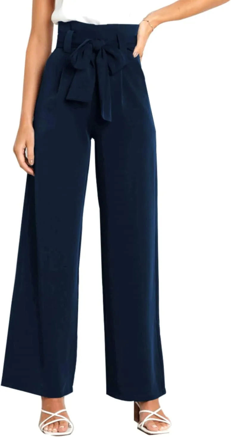 Women's Pants Casual High Waist Straight Wide Leg Pants for Women Adjustable Tie Knot Loose Trousers with Pockets