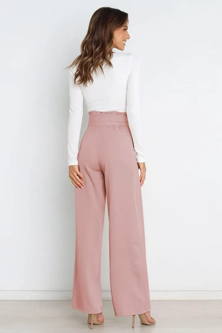 Women's Pants Casual High Waist Straight Wide Leg Pants for Women Adjustable Tie Knot Loose Trousers with Pockets