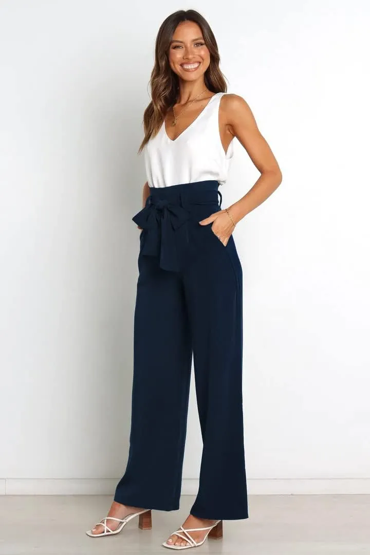 Women's Pants Casual High Waist Straight Wide Leg Pants for Women Adjustable Tie Knot Loose Trousers with Pockets
