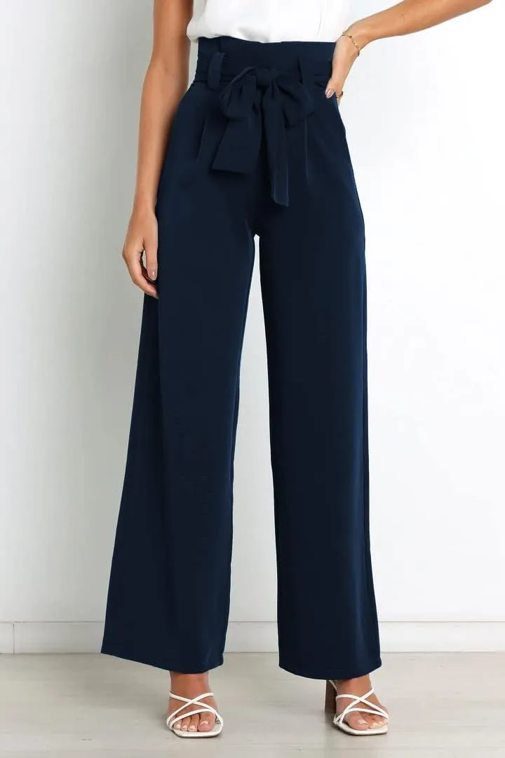 Women's Pants Casual High Waist Straight Wide Leg Pants for Women Adjustable Tie Knot Loose Trousers with Pockets