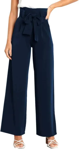 Women's Pants Casual High Waist Straight Wide Leg Pants for Women Adjustable Tie Knot Loose Trousers with Pockets