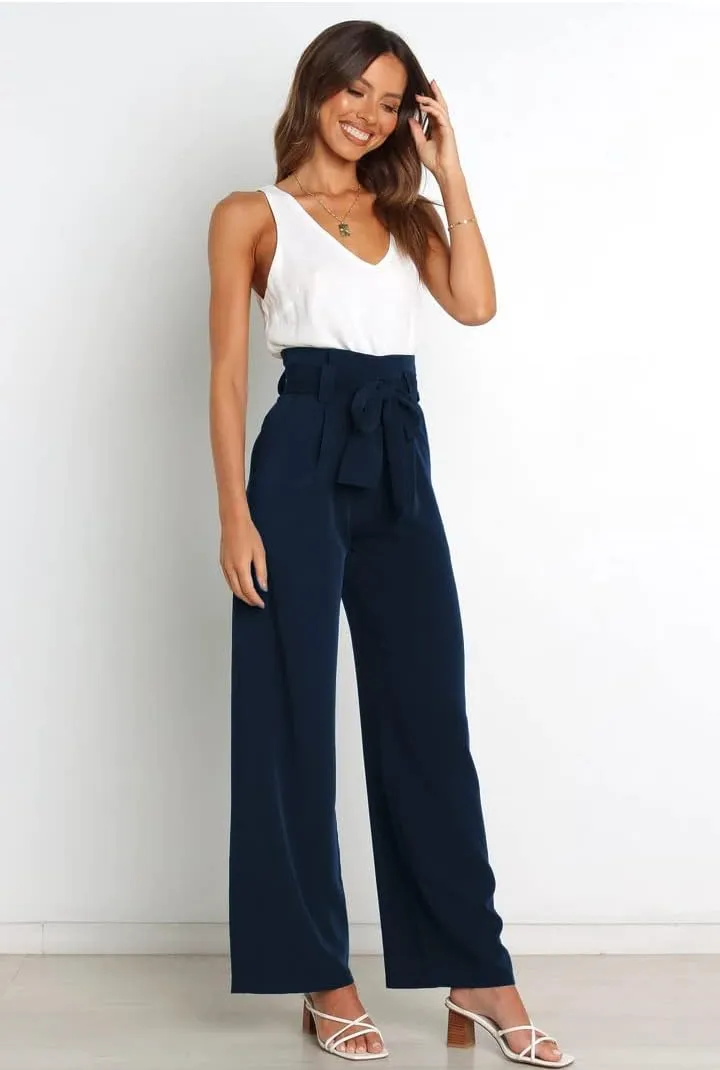 Women's Pants Casual High Waist Straight Wide Leg Pants for Women Adjustable Tie Knot Loose Trousers with Pockets