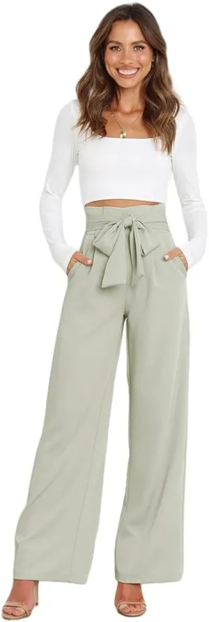 Women's Pants Casual High Waist Straight Wide Leg Pants for Women Adjustable Tie Knot Loose Trousers with Pockets