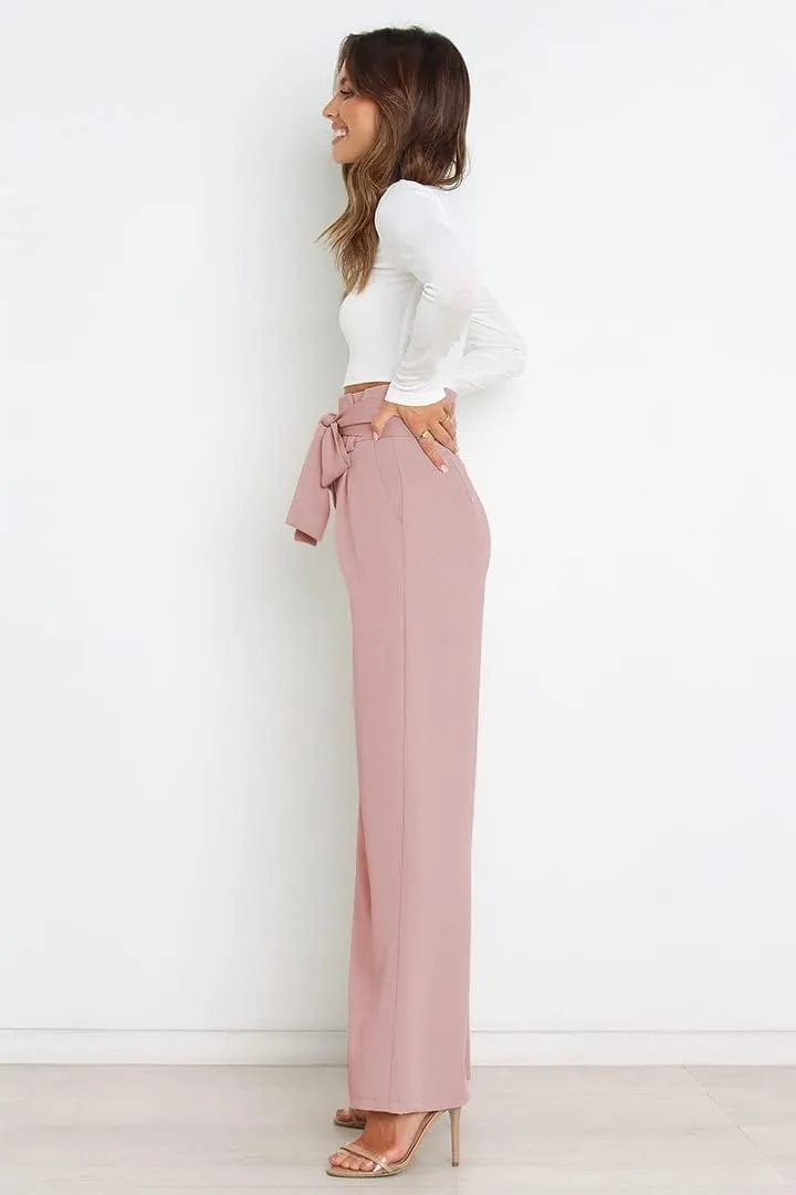 Women's Pants Casual High Waist Straight Wide Leg Pants for Women Adjustable Tie Knot Loose Trousers with Pockets