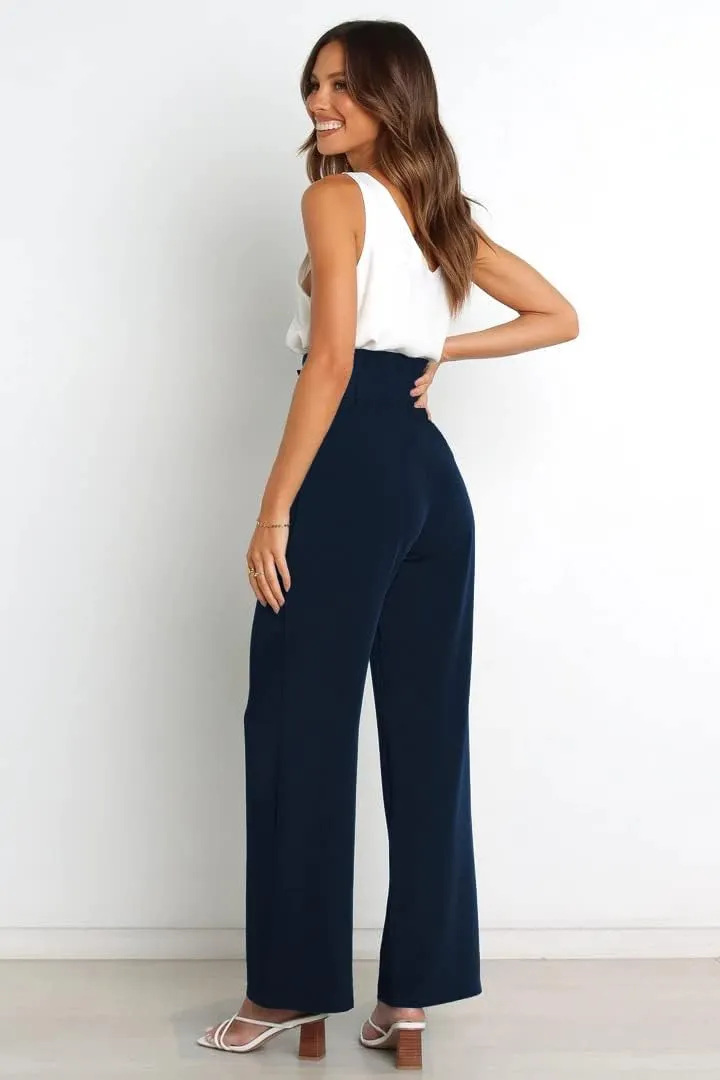 Women's Pants Casual High Waist Straight Wide Leg Pants for Women Adjustable Tie Knot Loose Trousers with Pockets