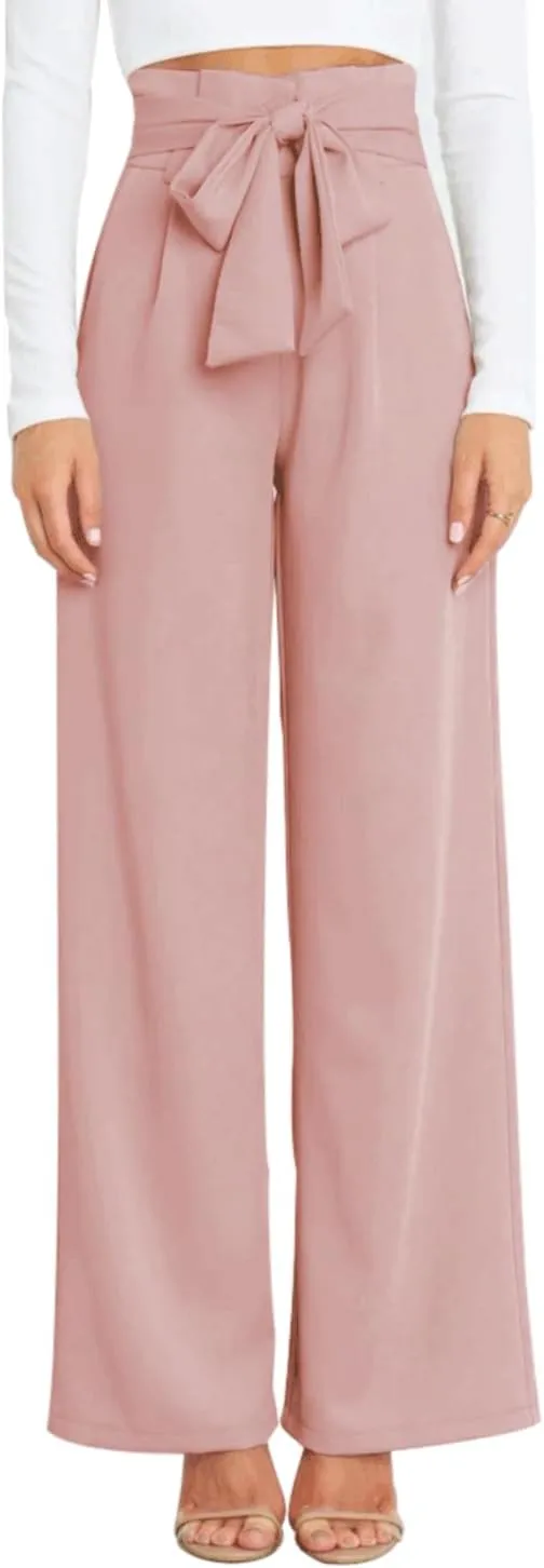 Women's Pants Casual High Waist Straight Wide Leg Pants for Women Adjustable Tie Knot Loose Trousers with Pockets