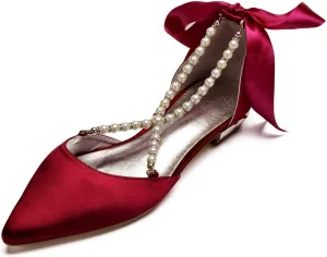 Women's Pearl Satin Wedding Shoes for Bride Flats Comfortable Closed Toe Bridal Shoes Satin Prom Party Dress Pumps with Bow