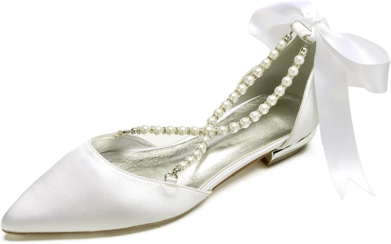 Women's Pearl Satin Wedding Shoes for Bride Flats Comfortable Closed Toe Bridal Shoes Satin Prom Party Dress Pumps with Bow