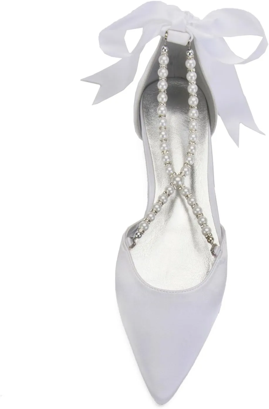 Women's Pearl Satin Wedding Shoes for Bride Flats Comfortable Closed Toe Bridal Shoes Satin Prom Party Dress Pumps with Bow