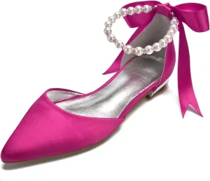 Women's Pearl Satin Wedding Shoes for Bride Flats Pointed Toe Comfortable Bridal Shoes Formal Prom Party Dress Pumps Sandals with Ankle Strap