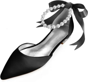 Women's Pearl Satin Wedding Shoes for Bride Flats Pointed Toe Comfortable Bridal Shoes Formal Prom Party Dress Pumps Sandals with Ankle Strap