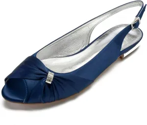 Women's Peep Toe Flat Pumps Slingback Evening Party Comfort Bridal Flats Sandals with Buckle Satin Wedding Dress Shoes