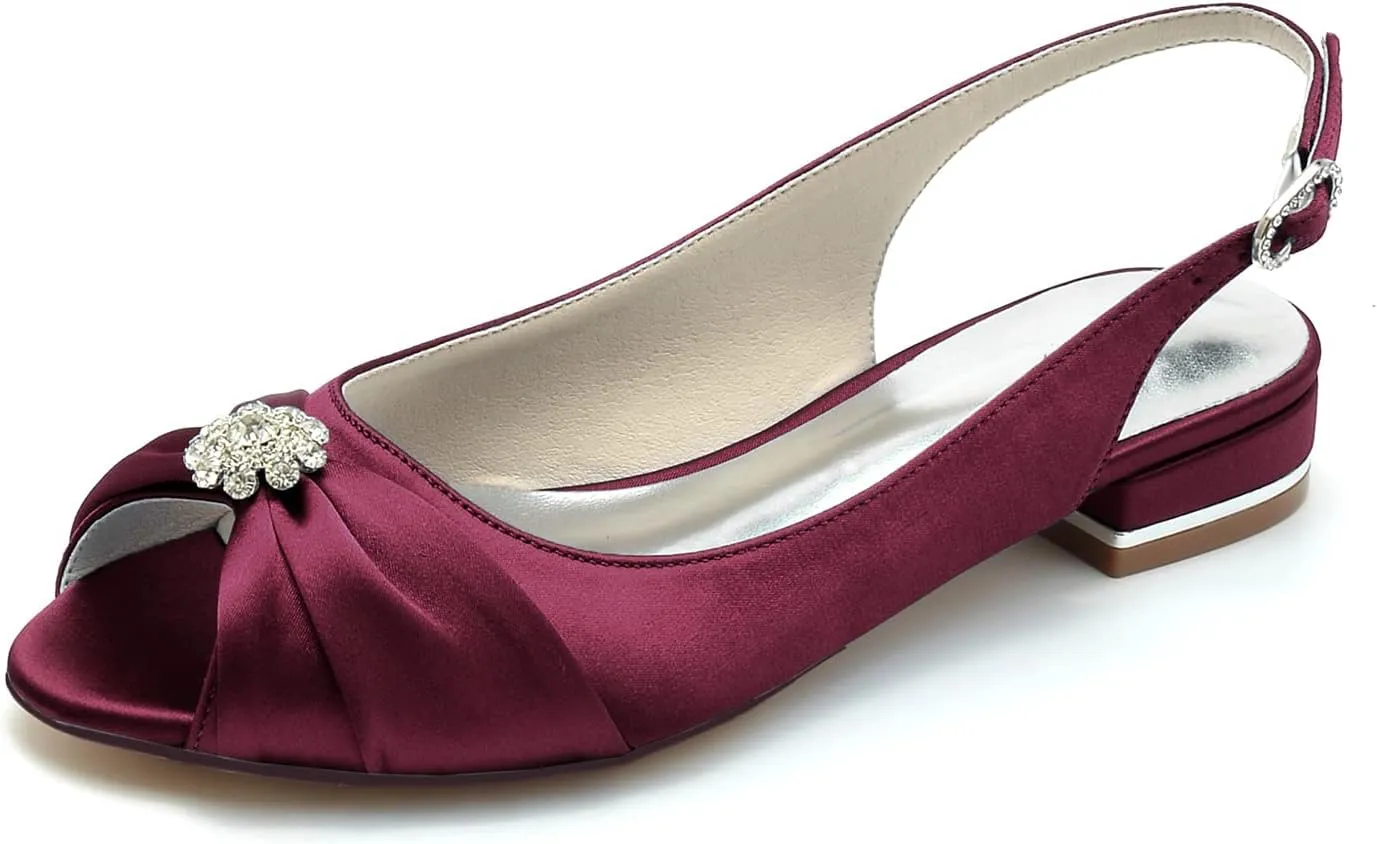 Women's Peep Toe Saitn Wedding Shoes for Bride Flats Comfortable Rhinestones Bridal Flats Evening Prom Party Dress Shoes Pumps