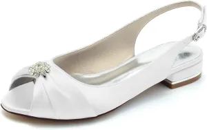 Women's Peep Toe Saitn Wedding Shoes for Bride Flats Comfortable Rhinestones Bridal Flats Evening Prom Party Dress Shoes Pumps