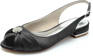 Women's Peep Toe Saitn Wedding Shoes for Bride Flats Comfortable Rhinestones Bridal Flats Evening Prom Party Dress Shoes Pumps