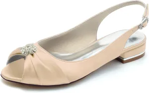 Women's Peep Toe Saitn Wedding Shoes for Bride Flats Comfortable Rhinestones Bridal Flats Evening Prom Party Dress Shoes Pumps