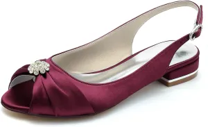 Women's Peep Toe Saitn Wedding Shoes for Bride Flats Comfortable Rhinestones Bridal Flats Evening Prom Party Dress Shoes Pumps
