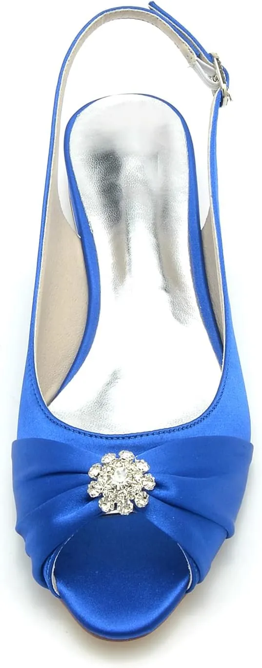 Women's Peep Toe Saitn Wedding Shoes for Bride Flats Comfortable Rhinestones Bridal Flats Evening Prom Party Dress Shoes Pumps