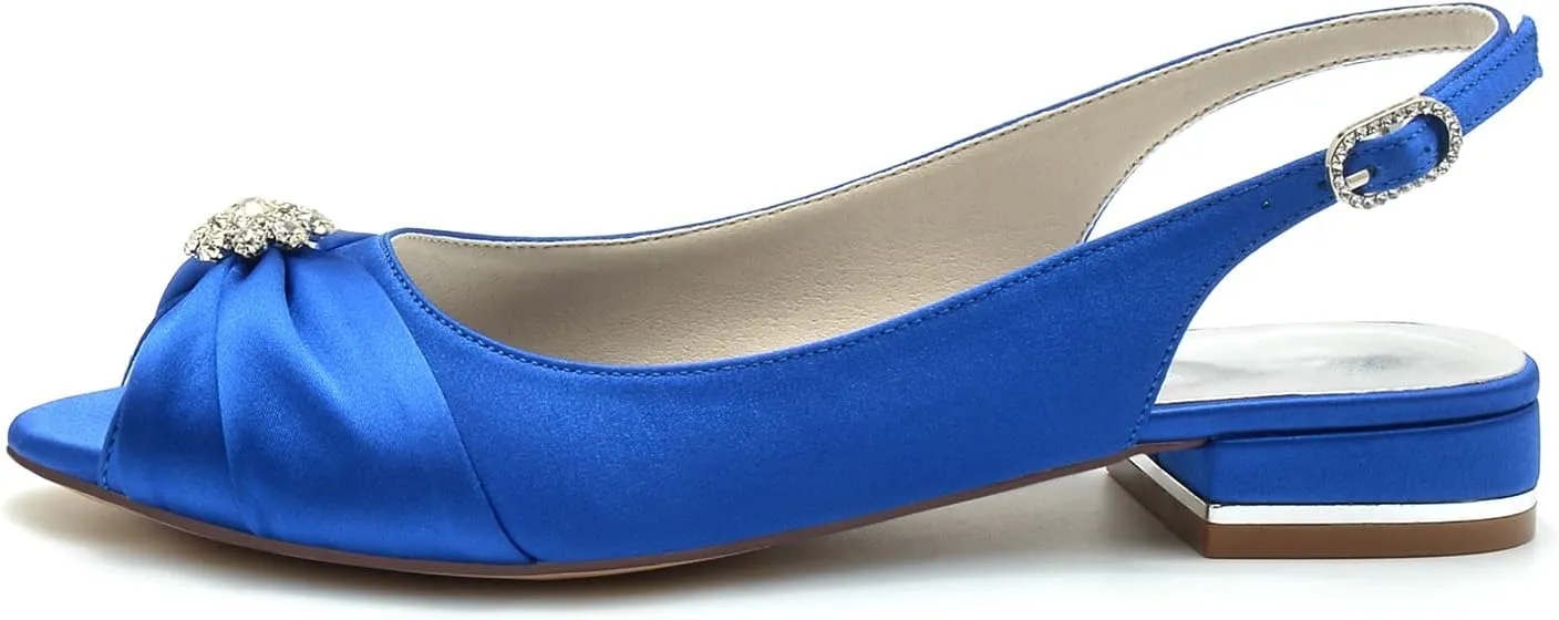 Women's Peep Toe Saitn Wedding Shoes for Bride Flats Comfortable Rhinestones Bridal Flats Evening Prom Party Dress Shoes Pumps
