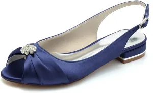 Women's Peep Toe Saitn Wedding Shoes for Bride Flats Comfortable Rhinestones Bridal Flats Evening Prom Party Dress Shoes Pumps