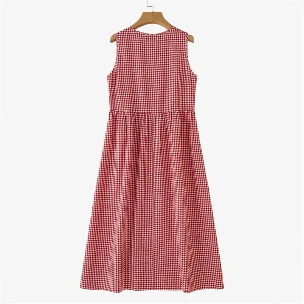Women's Plaid Bohemian Style Holiday Dress O-Neck Sleeveless Casual Loose Dress