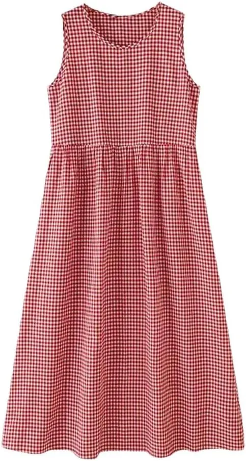 Women's Plaid Bohemian Style Holiday Dress O-Neck Sleeveless Casual Loose Dress
