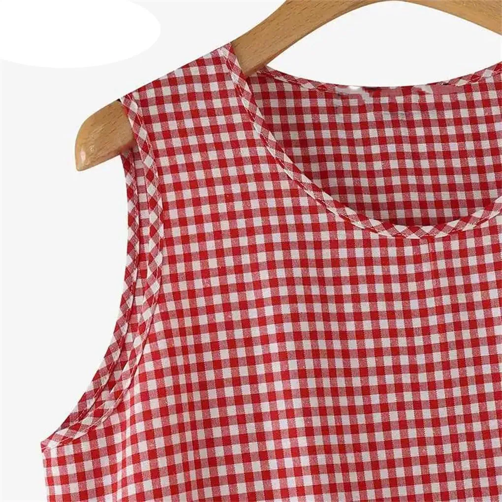 Women's Plaid Bohemian Style Holiday Dress O-Neck Sleeveless Casual Loose Dress