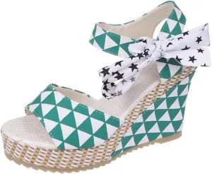 Womens Platform Espadrille Wedges Open Toe High Heel Floral Printed Slingback with Ankle Strap Bowknot Sandals Bow Dress Shoes Tie Lace Up Summer Sandal Wedding Dressy Beach Going Out Trendy Sandal
