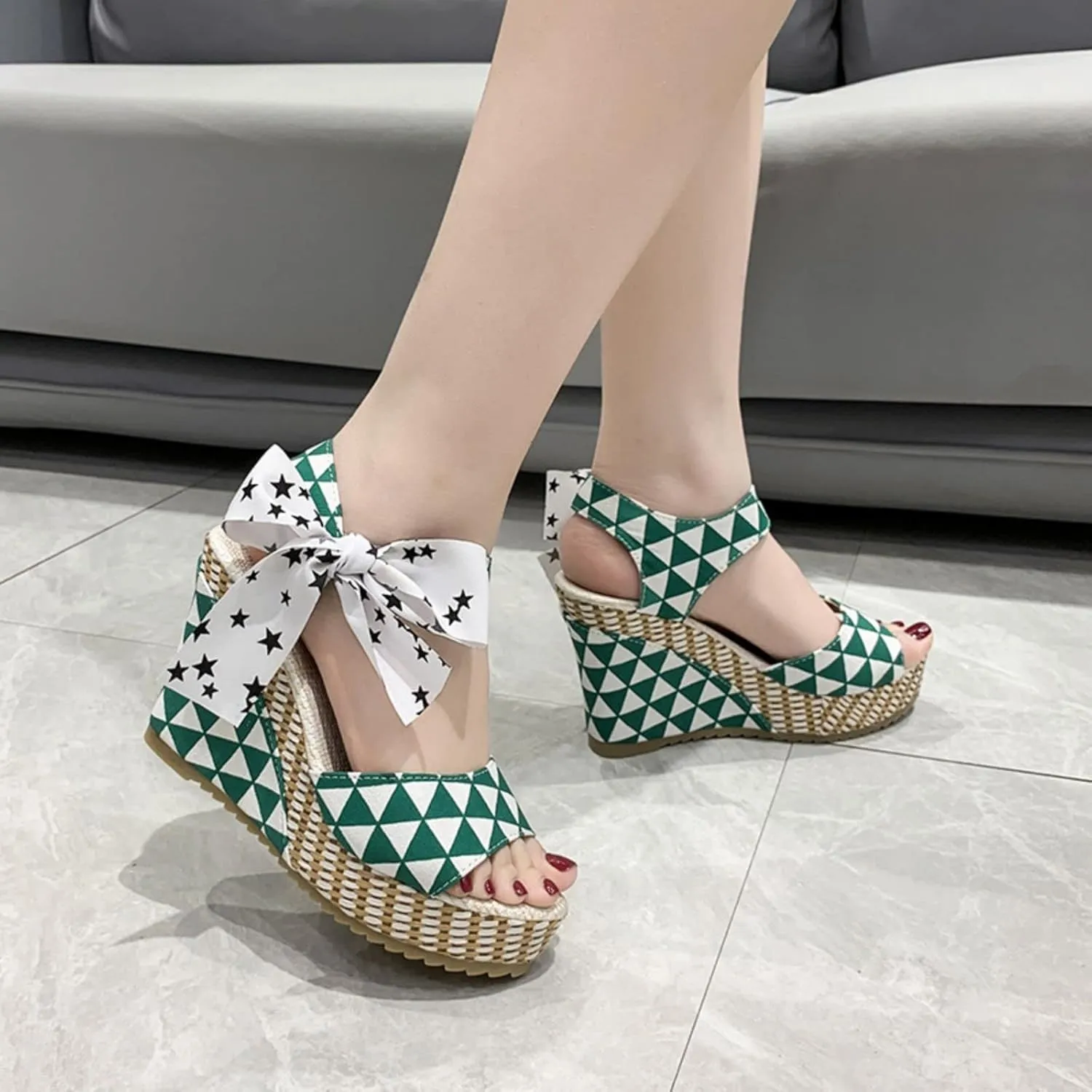 Womens Platform Espadrille Wedges Open Toe High Heel Floral Printed Slingback with Ankle Strap Bowknot Sandals Bow Dress Shoes Tie Lace Up Summer Sandal Wedding Dressy Beach Going Out Trendy Sandal