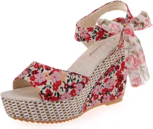Womens Platform Espadrille Wedges Open Toe High Heel Floral Printed Slingback with Ankle Strap Bowknot Sandals Bow Dress Shoes Tie Lace Up Summer Sandal Wedding Dressy Beach Going Out Trendy Sandal