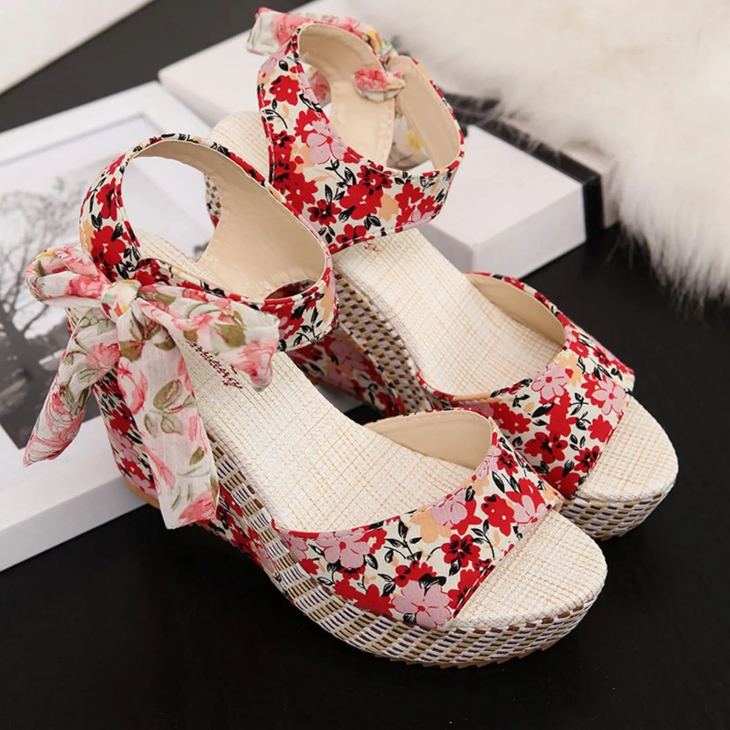 Womens Platform Espadrille Wedges Open Toe High Heel Floral Printed Slingback with Ankle Strap Bowknot Sandals Bow Dress Shoes Tie Lace Up Summer Sandal Wedding Dressy Beach Going Out Trendy Sandal
