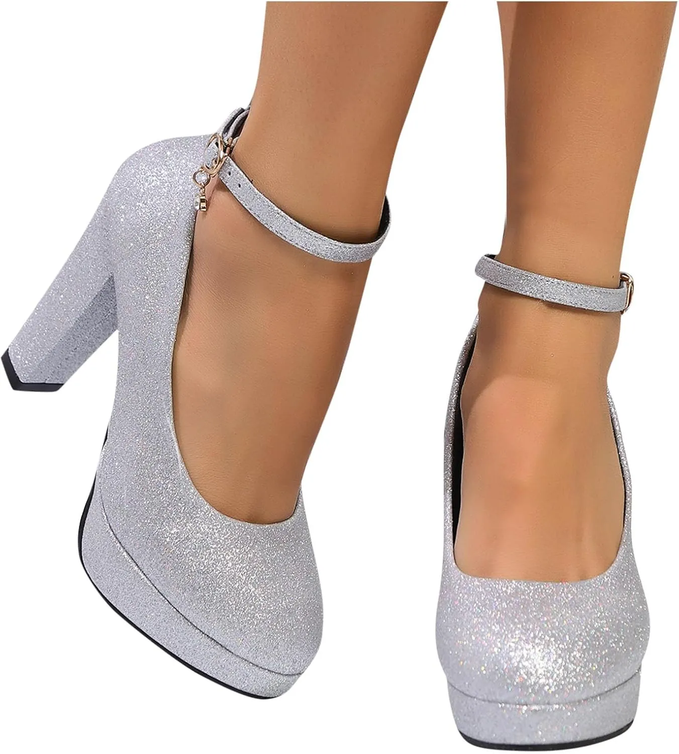 Women's Platform High Chunky Heels Closed Toe Block Ankle Strap Dress Buckle Round Toe Wedding Party Pumps Dress Shoes