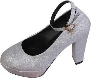 Women's Platform High Chunky Heels Closed Toe Block Ankle Strap Dress Buckle Round Toe Wedding Party Pumps Dress Shoes