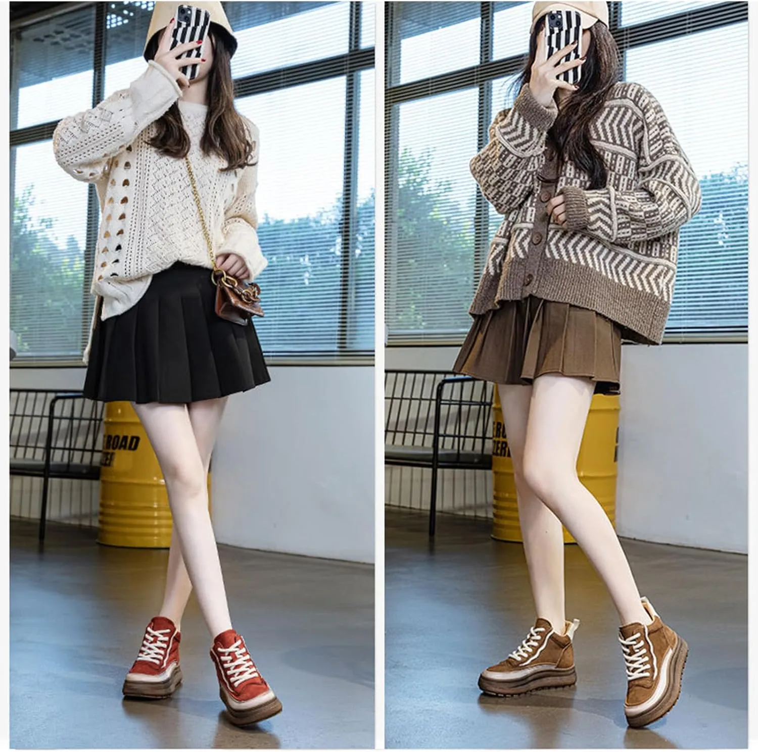 Women's Platform Mid Top Lace Up Casual Shoes Cozy Fur Lining Warm Non-Slip Fashion Chunky Height Increasing Walking Sneakers