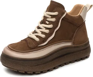 Women's Platform Mid Top Lace Up Casual Shoes Cozy Fur Lining Warm Non-Slip Fashion Chunky Height Increasing Walking Sneakers