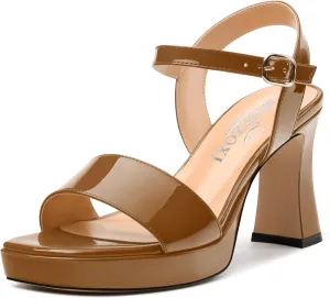 Womens Platform Sandals, Chunky High Heel Sqaure Teo Sandals, Open Toe Comfort Dress Sandals for Women, Ankle Strap Buckle Patent Sandals