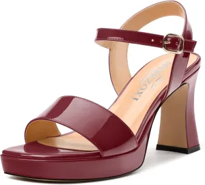 Womens Platform Sandals, Chunky High Heel Sqaure Teo Sandals, Open Toe Comfort Dress Sandals for Women, Ankle Strap Buckle Patent Sandals