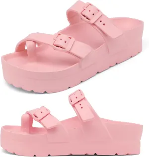 Womens Platform Sandals with Arch Support, Adjustable Buckle Beach Sandal Woman Comfort Lightweight Ultra Cushion EVA Slides