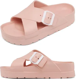 Womens Platform Sandals with Arch Support, Adjustable Buckle Beach Sandal Woman Comfort Lightweight Ultra Cushion EVA Slides