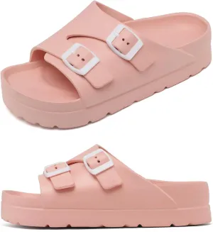 Womens Platform Sandals with Arch Support, Adjustable Buckle Beach Sandal Woman Comfort Lightweight Ultra Cushion EVA Slides