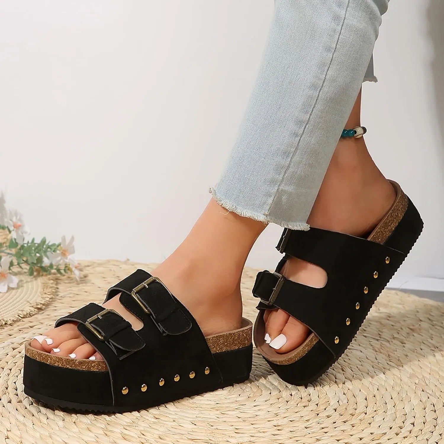 Women's Platform Slides Sandals with Arch Support,Womens Comfortable Summer Beach Sandals with Adjustable Buckle Open Toe Slip On Essentials Slides Footwear