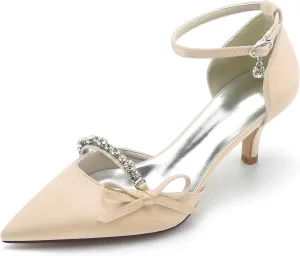 Womens Pointed Toe Ankle Strap Court Shoes with Rhinestone Dress Pumps Mid Kitten Heel Satin Wedding Shoes for Bridal