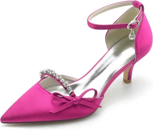 Womens Pointed Toe Ankle Strap Court Shoes with Rhinestone Dress Pumps Mid Kitten Heel Satin Wedding Shoes for Bridal