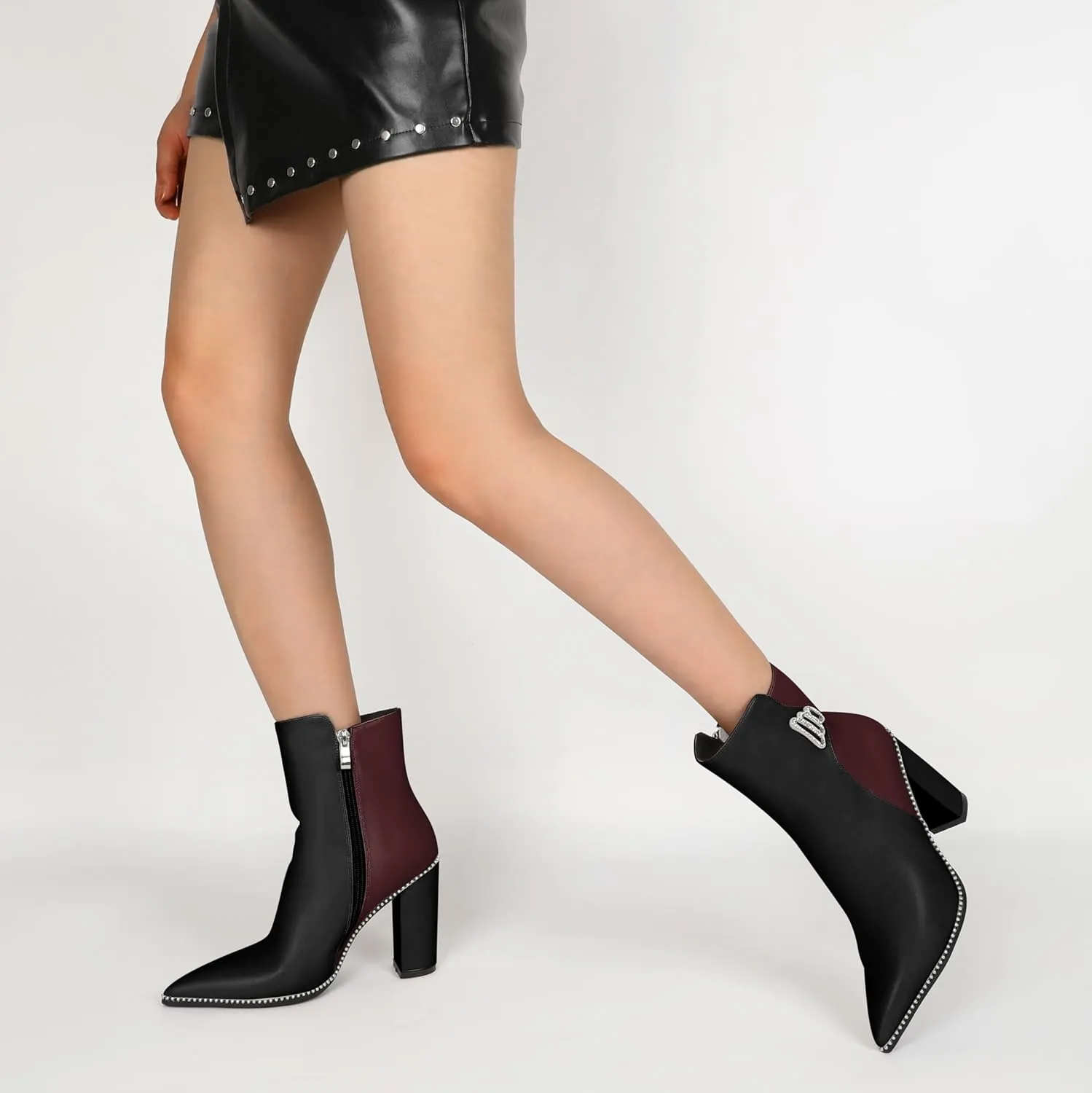 Womens Pointed Toe Beaded Chunky Ankle Boots Side Zipper 3.7 Inches High Heel Short Boots
