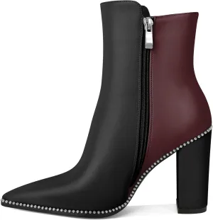 Womens Pointed Toe Beaded Chunky Ankle Boots Side Zipper 3.7 Inches High Heel Short Boots