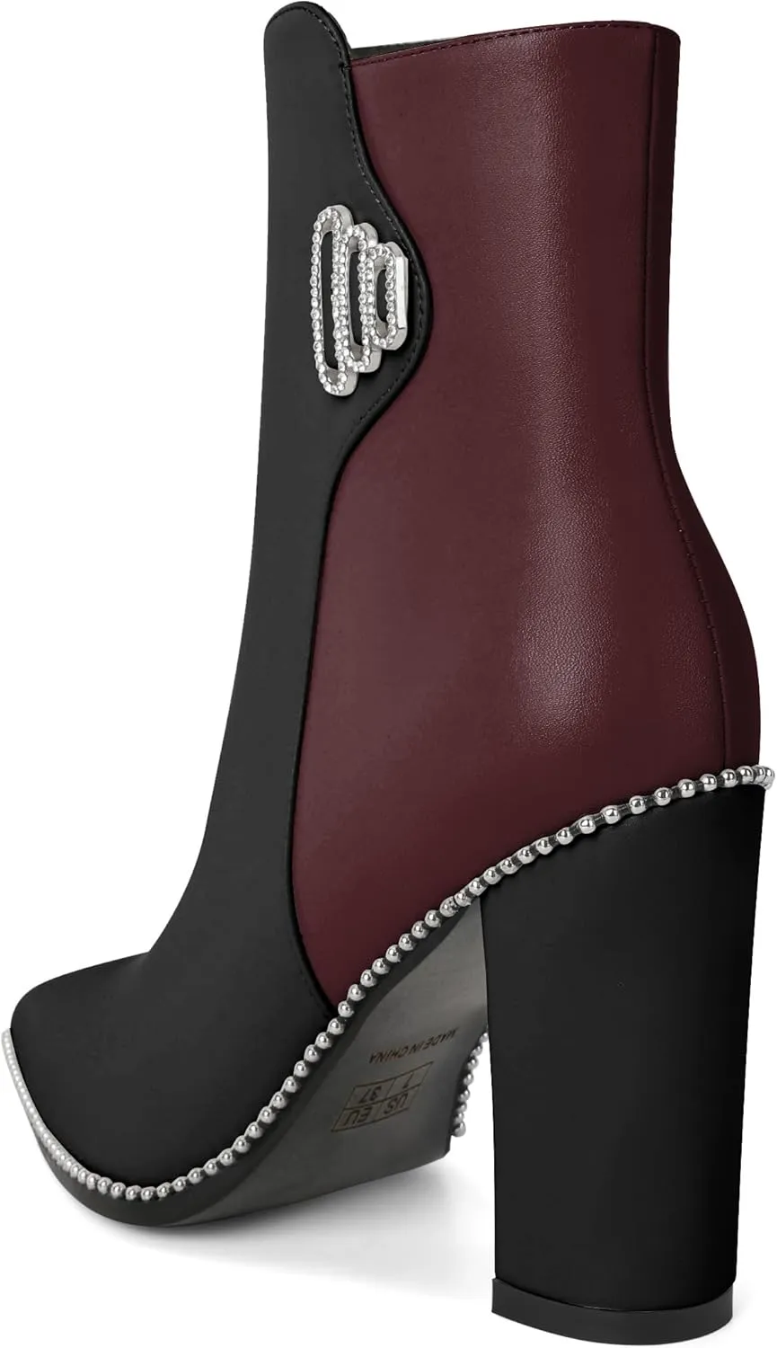 Womens Pointed Toe Beaded Chunky Ankle Boots Side Zipper 3.7 Inches High Heel Short Boots