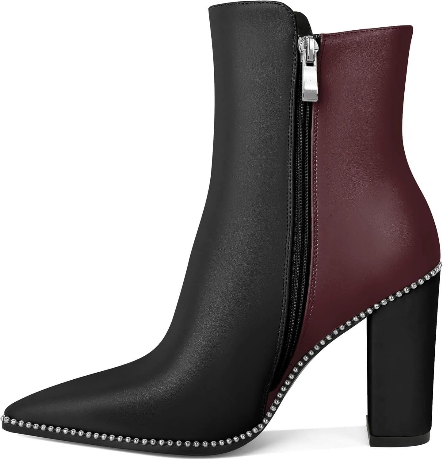 Womens Pointed Toe Beaded Chunky Ankle Boots Side Zipper 3.7 Inches High Heel Short Boots
