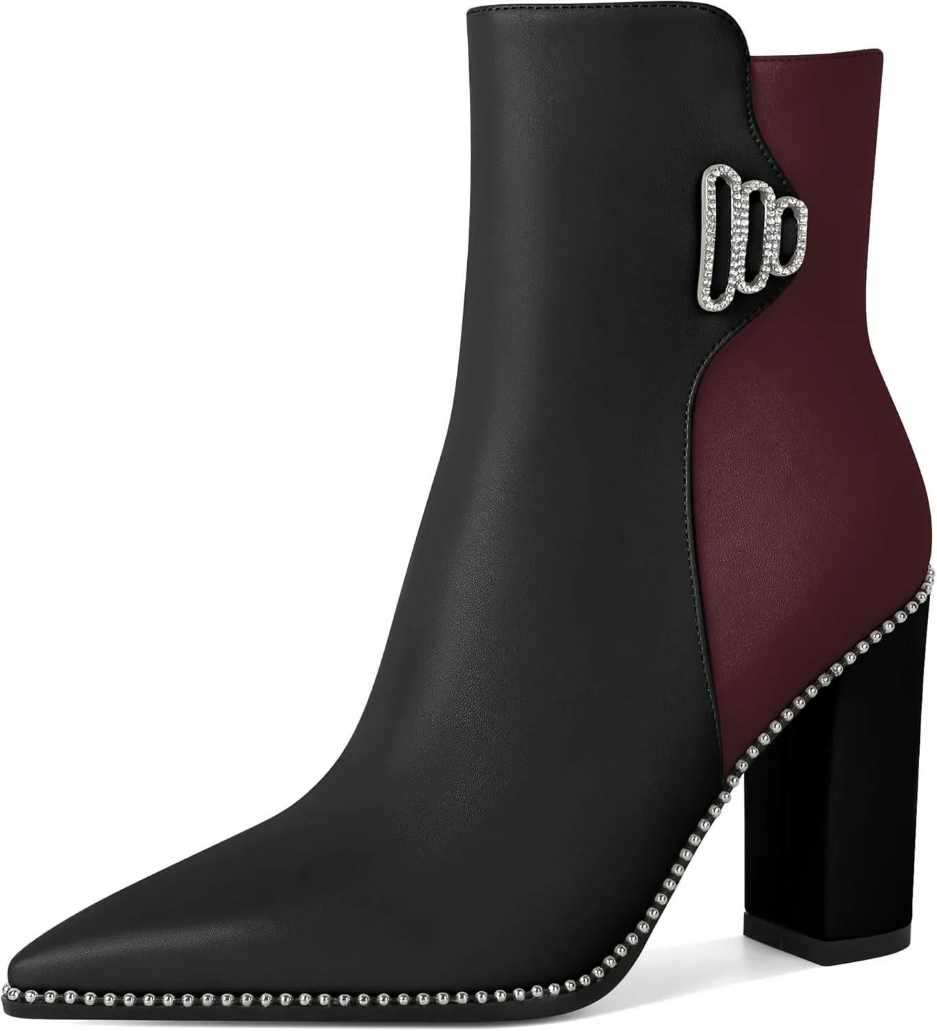 Womens Pointed Toe Beaded Chunky Ankle Boots Side Zipper 3.7 Inches High Heel Short Boots