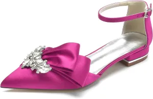 Women's Pointed Toe Crystal Wedding Flats for Bride Comfortable Satin White Wedding Shoes Low Heels Ankle Strap Bridal Flats Evening Prom Party Dress Shoes Pumps